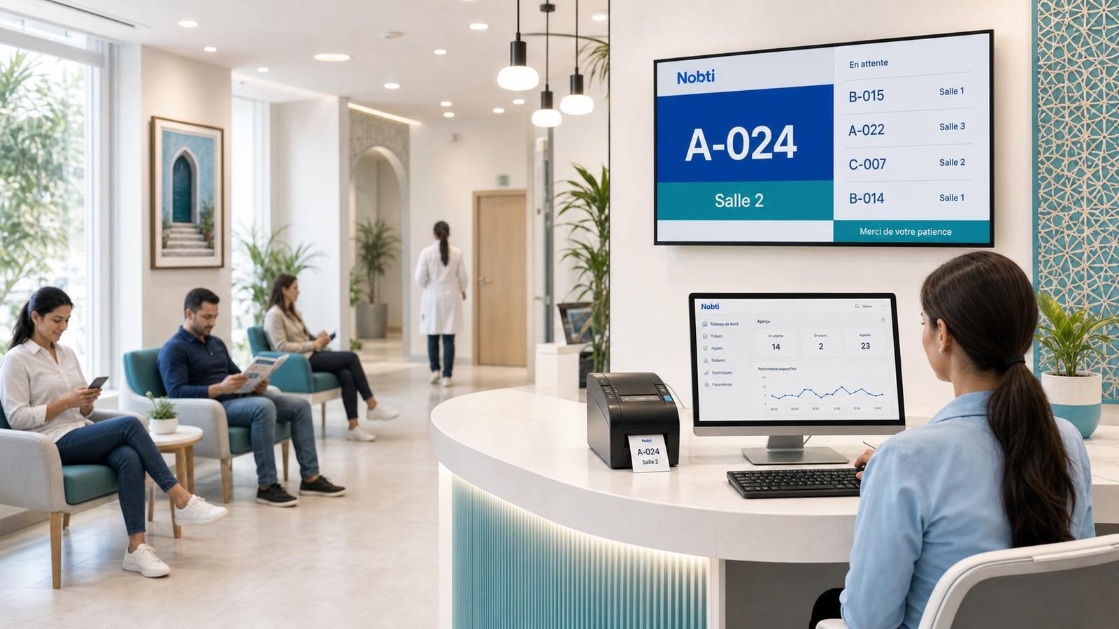 Salle d'attente après Nobti avec écran TV, tickets automatiques et patients assis