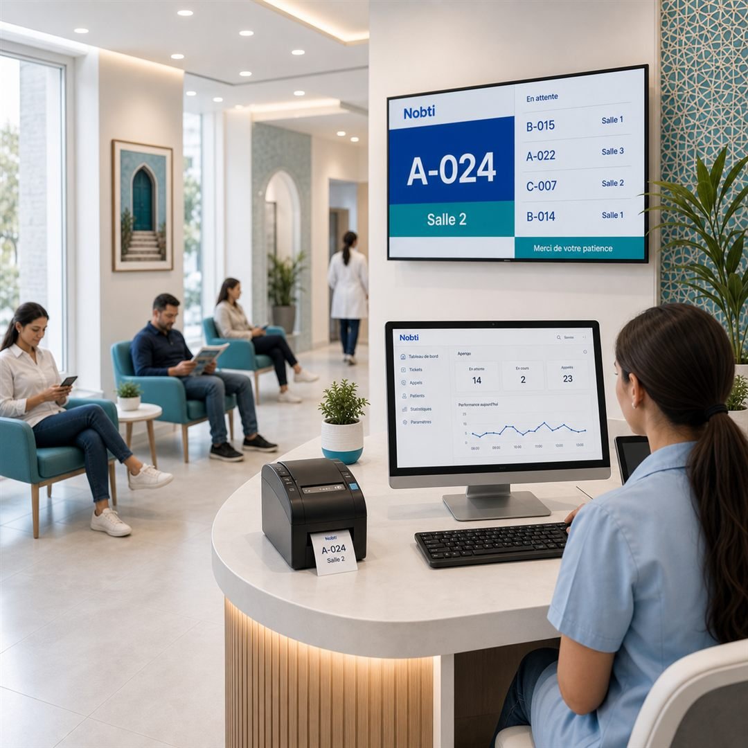 Cabinet médical moderne avec application Nobti sur écran et imprimante ticket