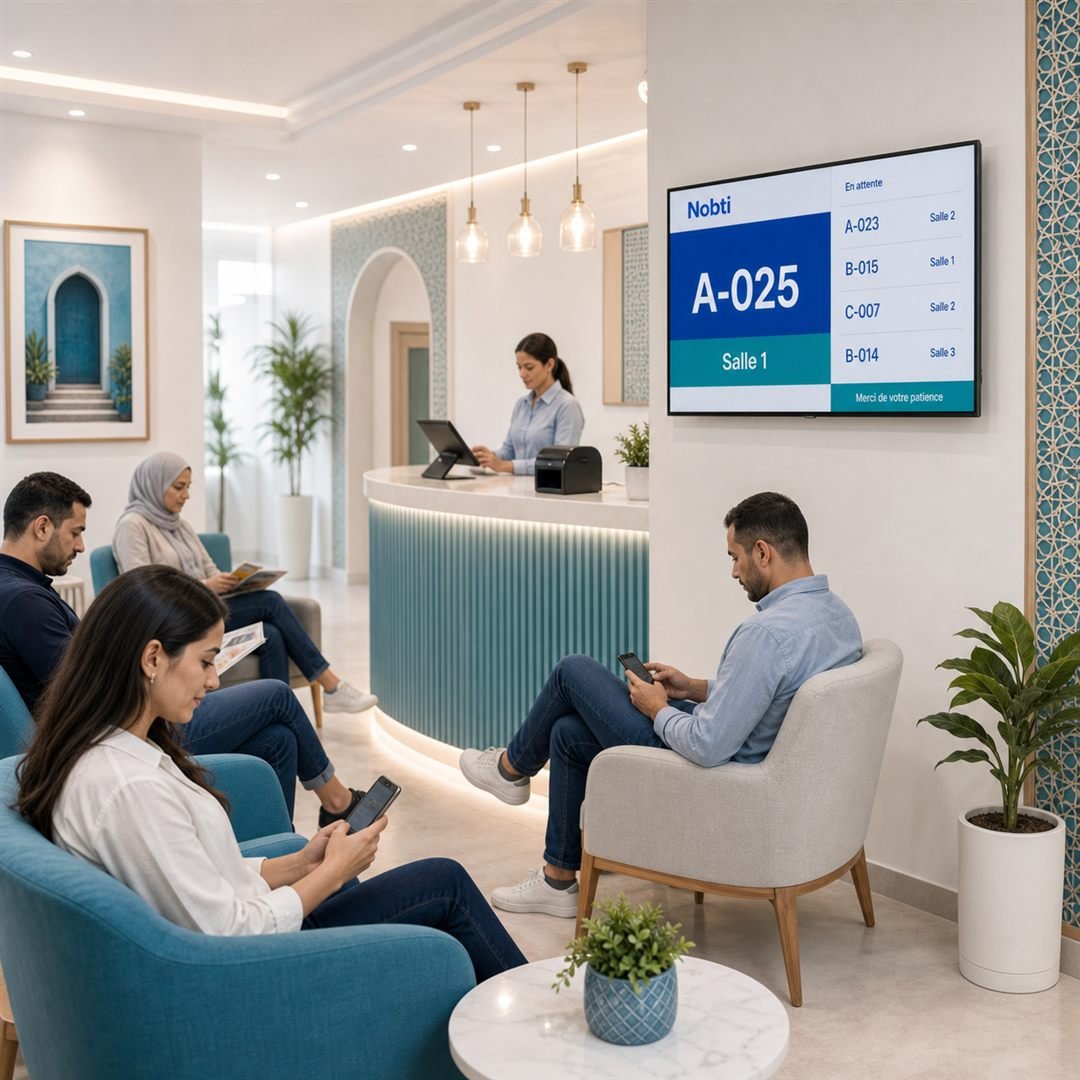 Salle d'attente organisée avec patients assis et écran Nobti